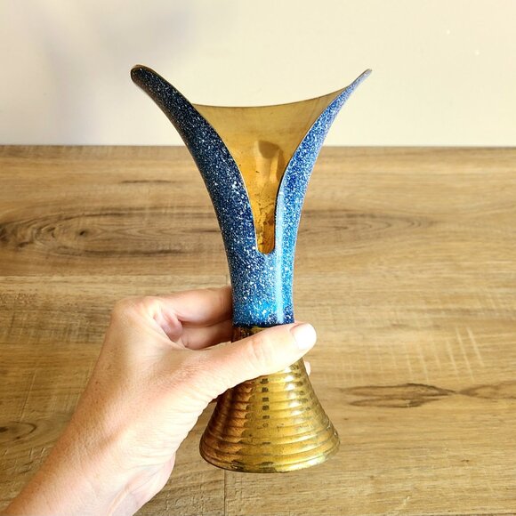 Vintage solid brass and blue enamel one of a kind design vase with opening. - Picture 3 of 9